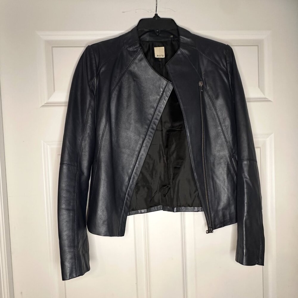 Navy Blue Leather Biker Jacket – Size Small